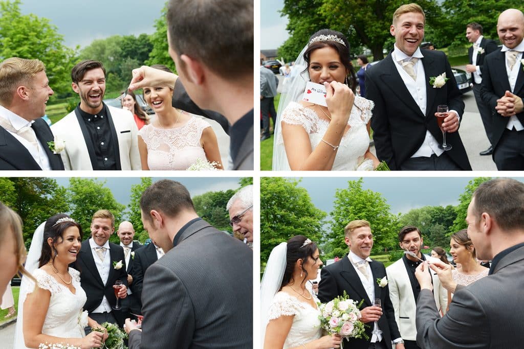 Four reactions from wedding guests watching close-up magic outdoors